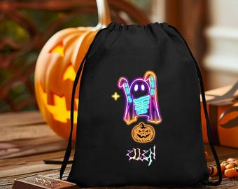 Personalisierte Name Süßes oder Saures Tasche, Kürbis Neon Geist Kordelzugtasche, Benutzerdefinierte Halloween Candy Bag, gruseliges Geschenk für Kinder oder Jugendliche