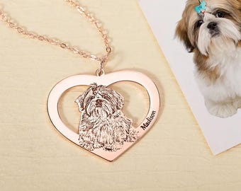 Custom Pet Portrait Necklace with Name, Heart Photo Necklace for Dog or Cat Lovers, Pet Memorial Jewelry, Personalized Gift for Dog Mom