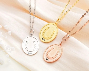 Personalised Horseshoe Necklace, Lucky Engraved Sterling Silver, Custom Name Gift for Horse Lover & Mom