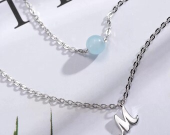 Personalized Moonstone Initial Pendant Necklace in Sterling Silver; Custom Monogram Gemstone Layered Jewellery for Women,