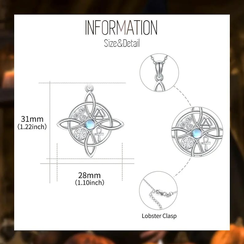 May include: Silver-toned pendant necklace with a Celtic knot design, featuring a central blue gemstone and an Ankh symbol. The pendant is 1.22 inches in length and 1.10 inches wide, with a lobster clasp.