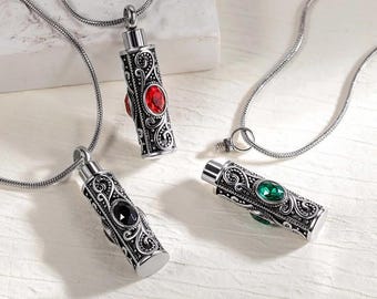 Personalized Urn Memorial Necklace for Ashes, Vintage Gemstone Cremation Jewelry Cylinder, Keepsake, Pet Loss Sympathy Remembrance Gift
