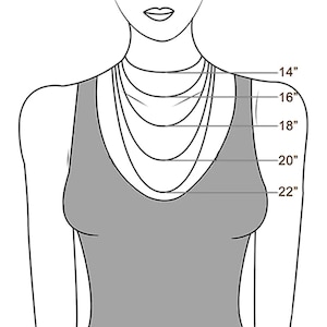 May include: Illustration of a person wearing a gray tank top, showcasing necklace lengths. The image displays five necklace lengths: 14", 16", 18", 20", and 22", providing a visual guide for necklace sizing.