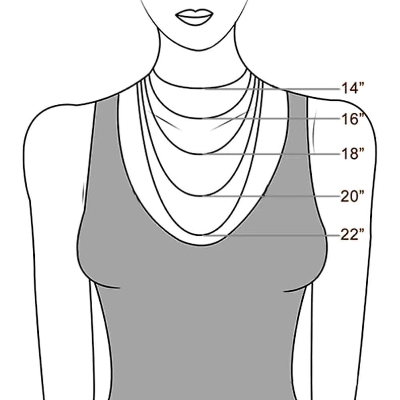 May include: Illustration of a person wearing a gray tank top, showcasing necklace lengths. The image displays five necklace lengths: 14", 16", 18", 20", and 22", providing a visual guide for necklace sizing.
