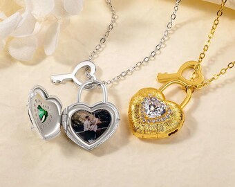 Personalized Photo Locket, Custom Padlock and Key Heart Locket Necklace With Birthstone, Anniversary or Valentine Gift for Her