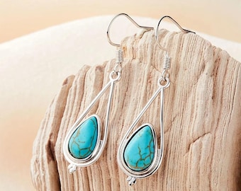 Turquoise Teardrop Earrings, Boho Dangle Women’s Jewelry, Sterling Style Birthstone Gift