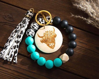 Llavero personalizado de vaca de las Tierras Altas con borla; llavero de silicona con estampado de vaca de las Tierras Altas; regalo para vaquera o amiga