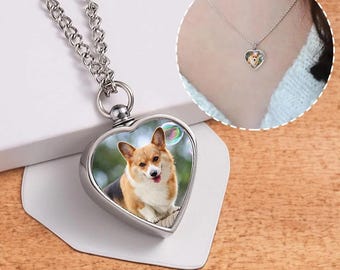 Personalized Urn Pet Photo Necklace, Heart Ashes, Engraved Name Urn Pendant, Pet Memorial Cremation Jewelry, Remembrance Gift for Pet Lover