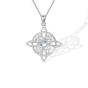 May include: A silver-colored pendant necklace featuring a Celtic knot design with a central circular element. The circle contains various symbols, including a pentagram, ankh, and triangle. The pendant has a small, round, light-colored stone in the center.