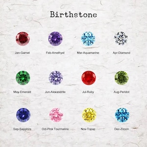 May include: A chart displaying birthstones with the word "Birthstone" at the top. Each gemstone is labeled with its corresponding month and stone name, including Garnet, Amethyst, Aquamarine, Diamond, Emerald, Alexandrite, Ruby, Peridot, Sapphire, Pink Tourmaline, Topaz, and Zircon.