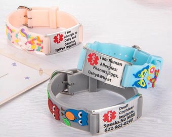 Personalized Medical Alert Bracelet for Kids, Cartoon ID Tag for Allergies, Epilepsy, Asthma, Autism, Cochlear Implant, Girl or Boy Gift