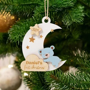 Personalized Baby’s First Christmas Ornament with Name & Year, Wooden Sleeping Bear in Star and Moon, Newborn Christmas Gift Keepsake