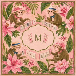 May include: Square, pink decorative print featuring four monkeys playing mahjong. The monkeys wear hats and bow ties, surrounded by pink flowers and green foliage. A central frame displays the letter "M".