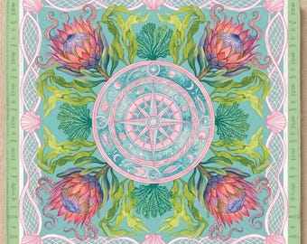 Tropical Floral Mahjong Mat - Pink Protea & Sea Shell Game Surface - Turquoise Watercolor Mat - Professional Mahjong Gift, (Ship Rolled up)