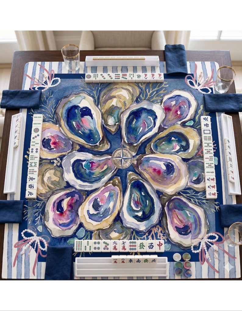 May include: A square mahjong mat featuring a watercolor-style illustration of blue and purple oysters arranged in a circular pattern. The mat includes white tile racks, mahjong tiles with Chinese characters, and blue and white striped borders.