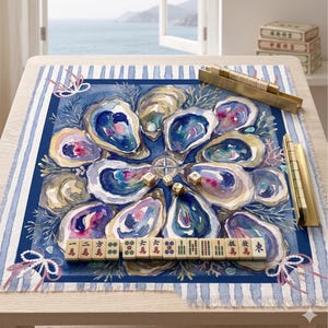 May include: A square fabric game mat featuring a watercolor illustration of blue and purple oysters and coral. The mat includes a central compass rose, scattered dice, and a row of mahjong tiles with Chinese characters and symbols.