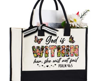 God Is Within Her Tote Bag – Psalm 46:5 Bible Verse Bag, Christian Floral Canvas Bag, Scripture Gift for Women, Faith Tote with Flowers