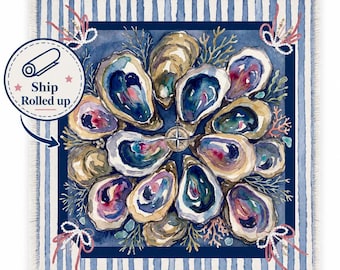 Watercolor Oyster Mahjong Mat – Coastal Blue Stripe Playing Surface