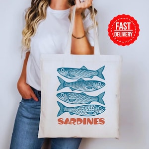Retro Sardines Tote Bag – Funny Fish Canvas Bag – Nautical Ocean Lover Gift – Reusable Beach Grocery Tote – Quirky Sea Life Shopper Bag