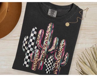 Comfort Colors® Faux Oil Painted Cactus Tshirt, Leopard Checkerboard Western Boho Shirt