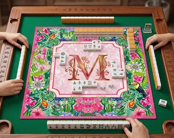 Tapete de Mahjong de lujo personalizado - Diseño floral rosa con pájaros tropicales y monograma personalizado, superficie de juego de mahjong de neopreno, regalo para el Día de la Madre