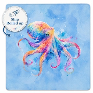 May include: A watercolor-style image of a colorful octopus with rainbow hues of orange, yellow, pink, purple, and blue. The octopus is set against a light blue background with watercolor-like splashes. The image is on a square surface.