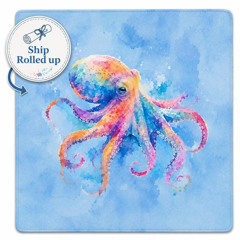 May include: A watercolor-style image of a colorful octopus with rainbow hues of orange, yellow, pink, purple, and blue. The octopus is set against a light blue background with watercolor-like splashes. The image is on a square surface.