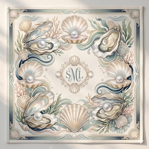 May include: Square decorative cloth featuring an aquatic design. The artwork includes open oyster shells with pearls, various seashells, coral, and seaweed in shades of beige, blue, and green. The center features the initials "SML".
