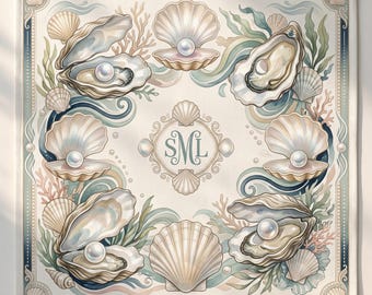 May include: Square decorative cloth featuring an aquatic design. The artwork includes open oyster shells with pearls, various seashells, coral, and seaweed in shades of beige, blue, and green. The center features the initials "SML".