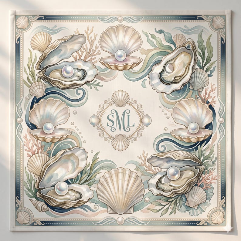 May include: Square decorative cloth featuring an aquatic design. The artwork includes open oyster shells with pearls, various seashells, coral, and seaweed in shades of beige, blue, and green. The center features the initials "SML".