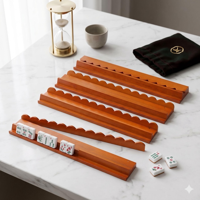 May include: A set of wooden mahjong tile racks in a warm brown hue, with a scalloped edge design. The image also shows several mahjong tiles with floral designs, an hourglass, a small ceramic cup, and a black pouch with a gold emblem.