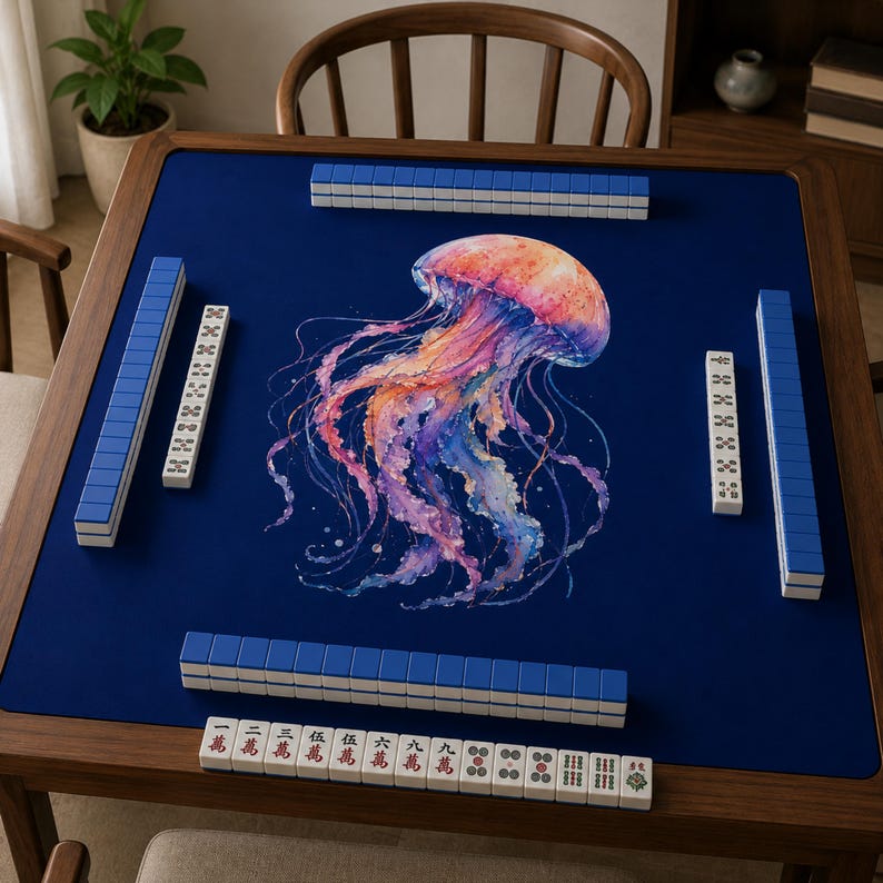 May include: A square mahjong table with a wooden frame and a dark blue playing surface. The table features a watercolour painting of a jellyfish. Sets of blue and white mahjong tiles are arranged around the table.