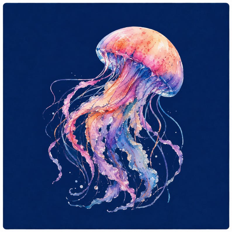 May include: A watercolour illustration of a jellyfish in shades of pink, orange, purple, and blue. The jellyfish has a rounded bell and long, flowing tentacles against a dark blue background. The artwork has a soft, ethereal quality.