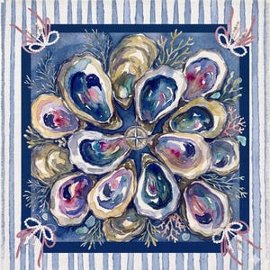 May include: A square textile featuring a watercolor illustration of oyster shells arranged in a circular pattern around a central compass rose. The design includes coral accents, pink ribbons with white beads, and a blue and white striped border.
