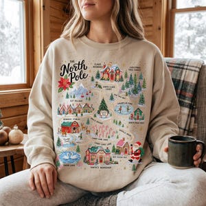 Vintage Christmas Sweatshirt, North Pole Map, Christmas Village Crewneck, Small Town Christmas, Whimsical Santa