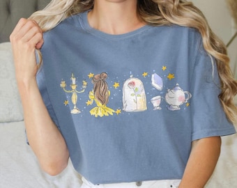 Camiseta Comfort Colors® de acuarela de la princesa Bella de Disney, camiseta de La Bella y la Bestia, cuento tan antiguo como el tiempo, camiseta de Disney para viajes de chicas con estética femenina