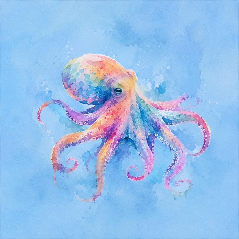 May include: Watercolor painting of a colorful octopus against a light blue background. The octopus features a vibrant array of colors, including orange, pink, purple, and blue. The tentacles are gracefully curved, and the overall style is artistic and whimsical.