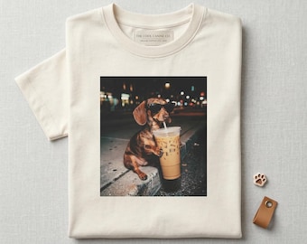 Funny Dachshund Drinking Iced Coffee Tshirt, Animal Meme Graphic Tee