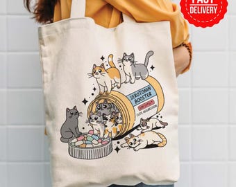 Cute Cat Tote Bag – Serotonin Booster Bag – Funny Cat Lover Gift – Aesthetic Canvas Bag – Cat Mom Shoulder Tote