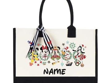 Personalized Christmas Cruise Tote Bag, Custom Name Nautical Canvas Bag, Holiday Vacation Shopper