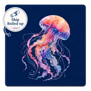 May include: A colourful watercolour illustration of a jellyfish with a domed bell and flowing tentacles. The jellyfish features shades of pink, orange, purple, and blue against a dark blue background. The text "Ship Rolled up" is in a white circle.