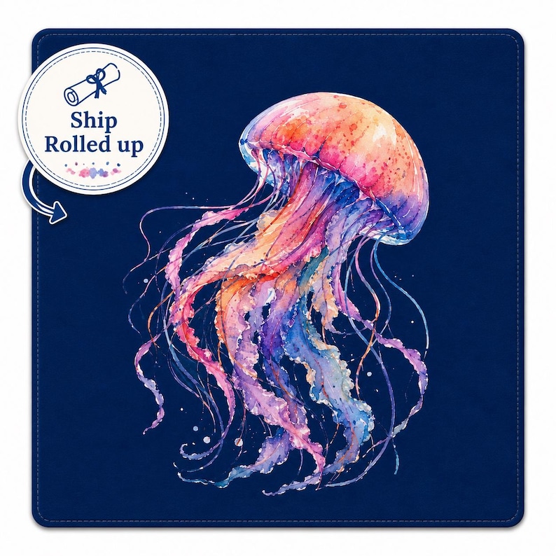 May include: A colourful watercolour illustration of a jellyfish with a domed bell and flowing tentacles. The jellyfish features shades of pink, orange, purple, and blue against a dark blue background. The text "Ship Rolled up" is in a white circle.