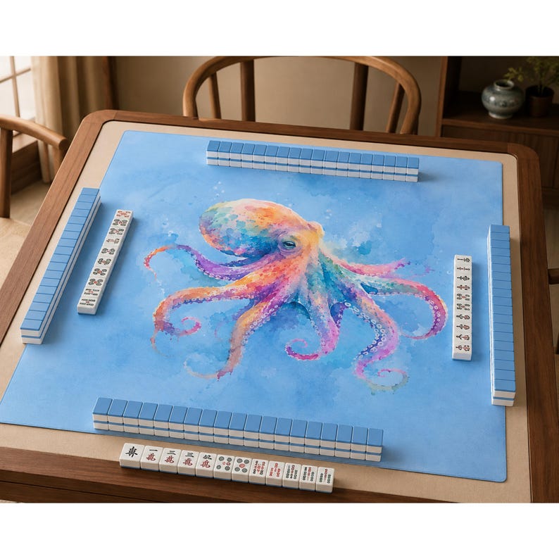 May include: A Mahjong set with a blue mat featuring a colorful octopus illustration. The set includes blue and white tiles arranged around the mat. The table is made of wood.