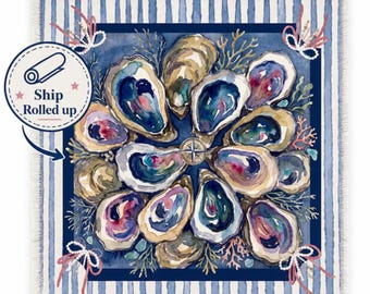 Watercolor Oyster Mahjong Mat - Coastal Mahjong Playing Surface - Blue & White Striped  Mat - Professional Mahjong Gift