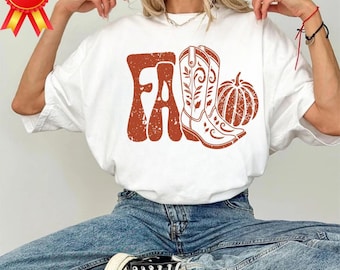 Western Cowgirl Fall T-Shirt: Boots & Pumpkin Graphic Tee