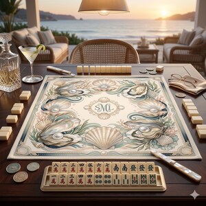 May include: A mahjong set with a coastal theme. The game board features oyster and seashell illustrations with a monogram. The set includes tiles, dice, and a decorative tile holder. A cocktail and decanter are on the table.