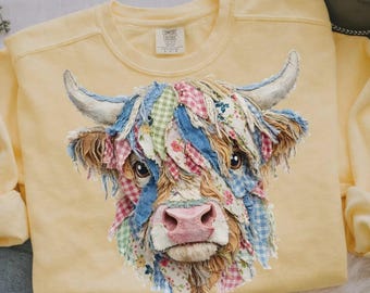 Comfort Colors® T-Shirt, Patchwork Highland Cow Shirt, Rustic Farmhouse Quilt Cow Tee
