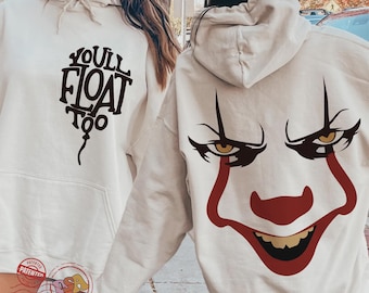 Sudadera con capucha de Pennywise "Tú también flotarás" - Sudadera de película de terror - Unisex, acogedora, regalo para fanáticos del terror