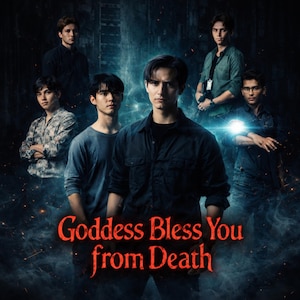 May include: A promotional image featuring six young men in various outfits, set against a dark, atmospheric background with blue and white lighting effects. The text "Goddess Bless You from Death" is prominently displayed in red, adding a dramatic flair to the composition.