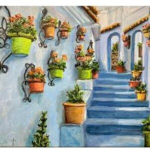 Printable blank card with flower pots on Moroccan street